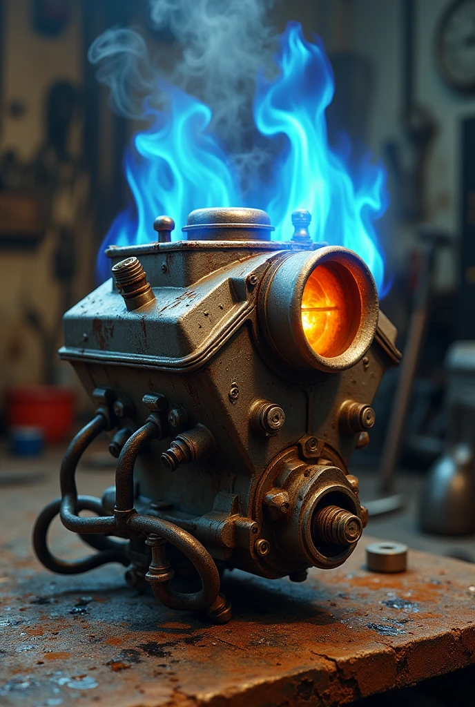 Imagine an old carburetor from a classic car, with a blue and orange flame coming out of the vents. The metal frame may be darkened and dented due to intense heat.