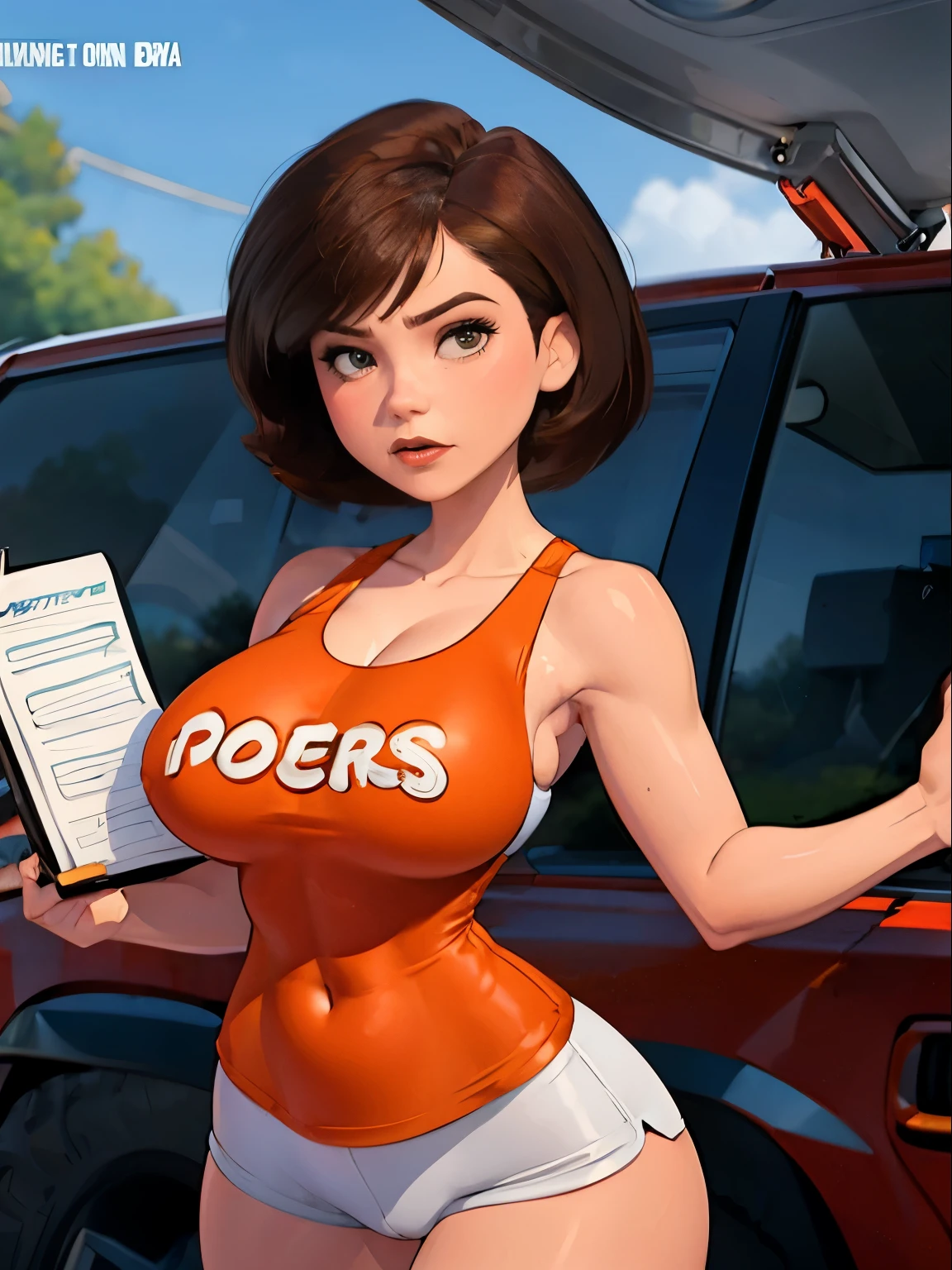 Helen parr, short hair, detailed eyes, large breasts, curvy body, Gorgeous and sultry busty athletic (thin) with sharp facial features and wearing a (Hooters uniform), thin fabric white tank top, "Hooters", orange minishorts, notepad, restaurant,  detailed nipples, 