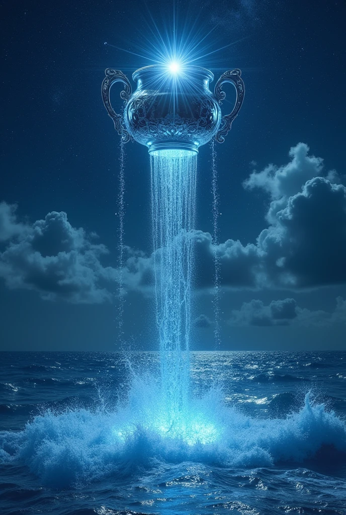 The vase of Aquarius above the sky pours its waters over the sea illuminated by a large Aquarius star