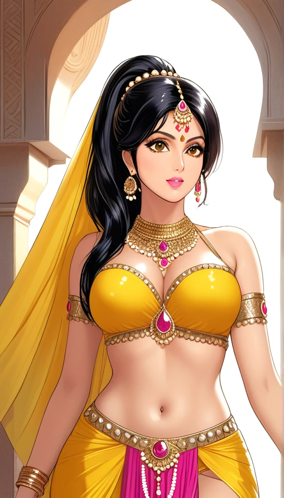 Comic illustration of beautiful Indian muscular woman sridevi kapoor at her age of 25 wearing a yellow glossy belly-dancer dress , (NSFW),(detailed face and eyes),(large bust),
(best quality, highres, photorealistic), ultra detailed cg 8k, beautiful cg, soft light, pink lipstick ,hair ponytail ,six abs