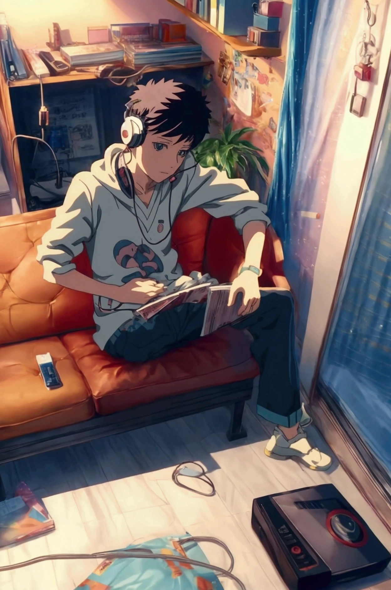 anime boy listening to music in room with white headphones, lofi boy, lofi art style, lofi art, anime vibes, lofi boy aesthetic, lofi portrait, anime aesthetic, lofi vibes, lo-fi art, lofi feel , lofi vibe, lofi aesthetic, lofi, with headphones and a lo-fi