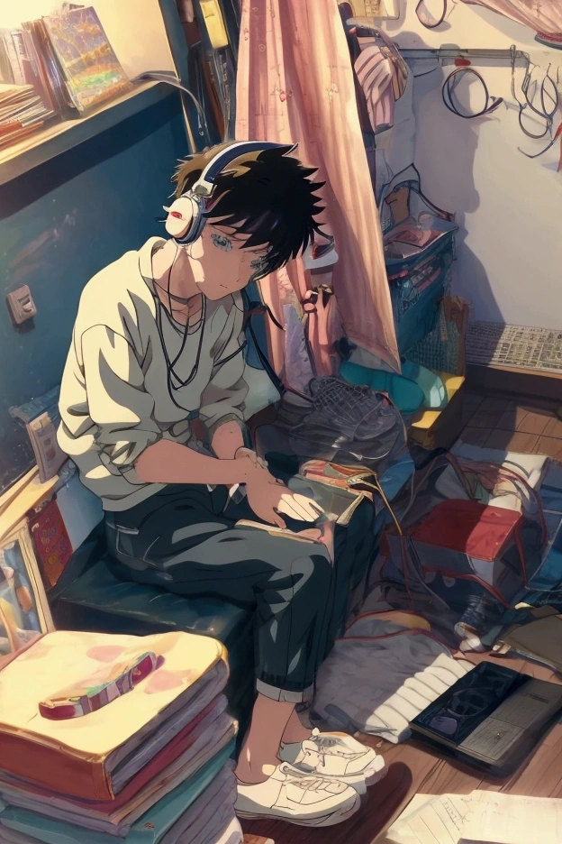 anime boy listening to music in room with white headphones, lofi boy, lofi art style, lofi art, anime vibes, lofi boy aesthetic, lofi portrait, anime aesthetic, lofi vibes, lo-fi art, lofi feel , lofi vibe, lofi aesthetic, lofi, with headphones and a lo-fi 