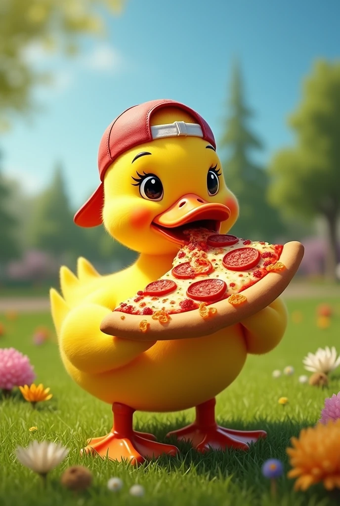 Just a yellow duck with a backwards cap, eating pizza with his wing, the pizza already with a bite and the cap backwards