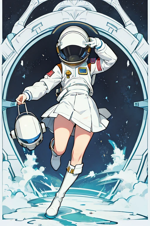 Female astronaut, with helmet, with face covered, White skirt, big white boots