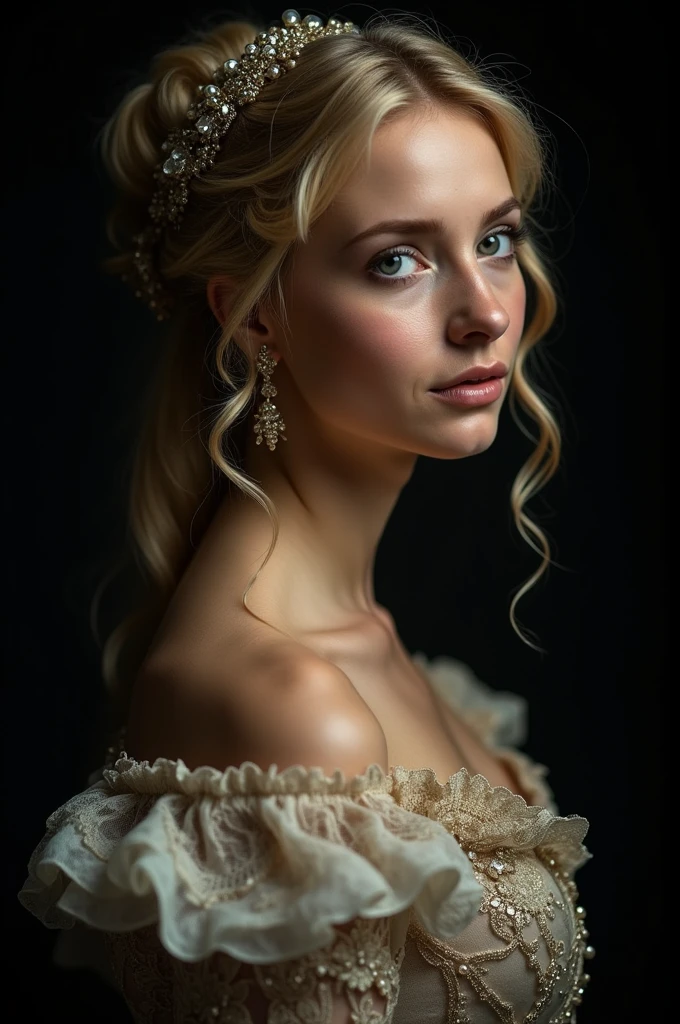 ( masterpiece,black background :1.5) , 8k , (atmospheric depth:1.2) , (vivid illuminlation:1.2) , (enchanting elegance:1.2) , A blonde girl, a princess from the Victorian era, with a dark background and focused lighting on the side of the face , portrait ,