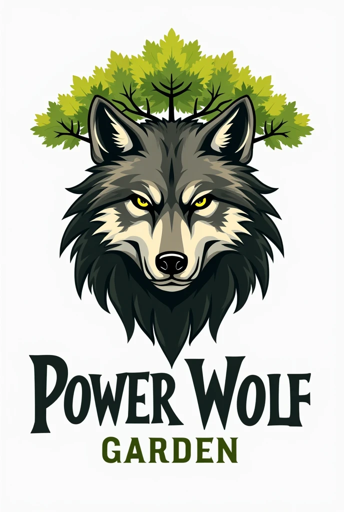 for creating it in the form of a logo:
"A logo featuring a giant wolf's head with a tree growing out of the top of the wolf's head. At the bottom, the text 'Power Wolf Garden' is written."