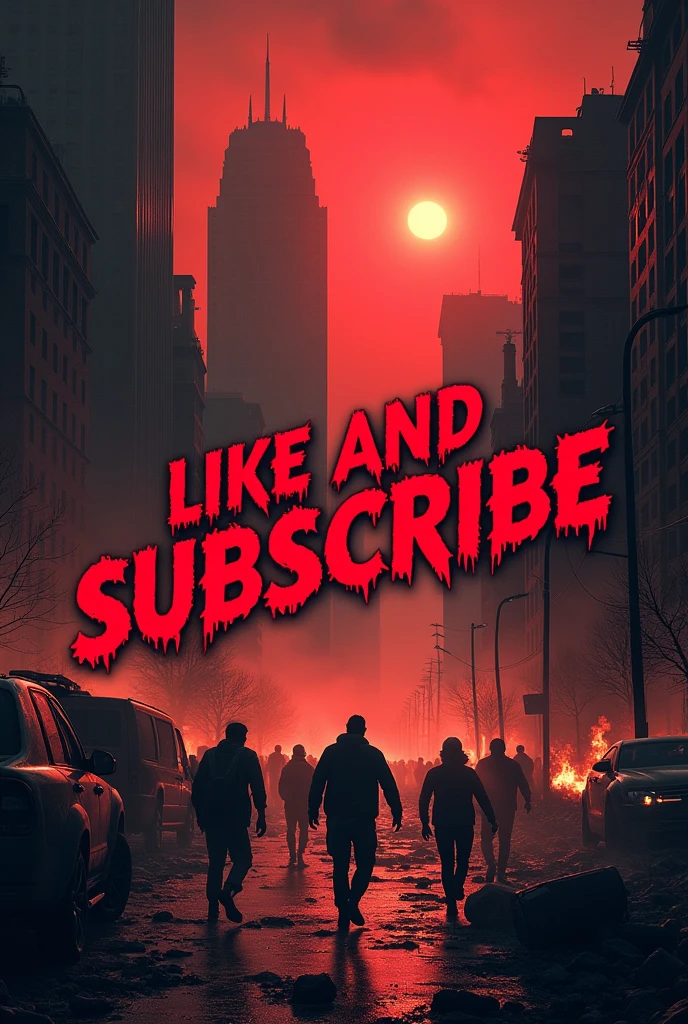 Horizontal image of a city in chaos apocalypse all in a mix of red and black and on top in red letters with a black outline give it a like and subscribe crack don't be an asshole pdt:I am Bolivian