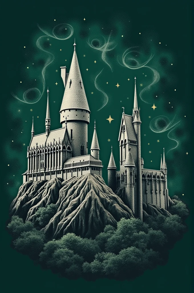 Make a dark green t-shirt, in which there is a drawing of Hogwarts castle 