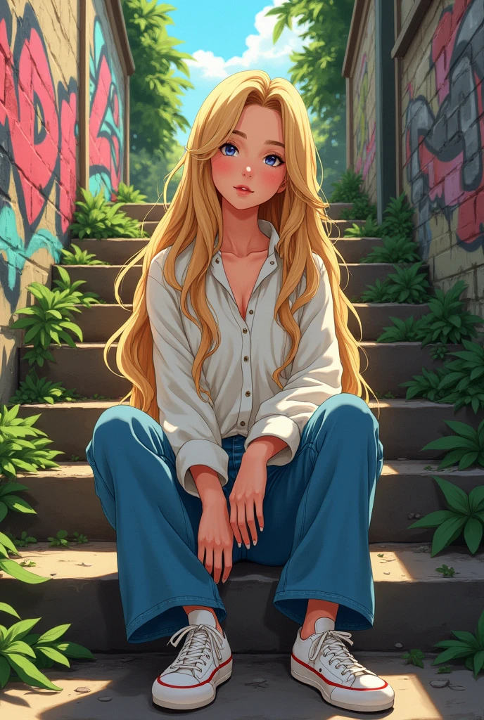 a  with a very feminine face, blond, wearing a long shirt, jeans and all stars sitting on the steps of a staircase, 2000's anime style 