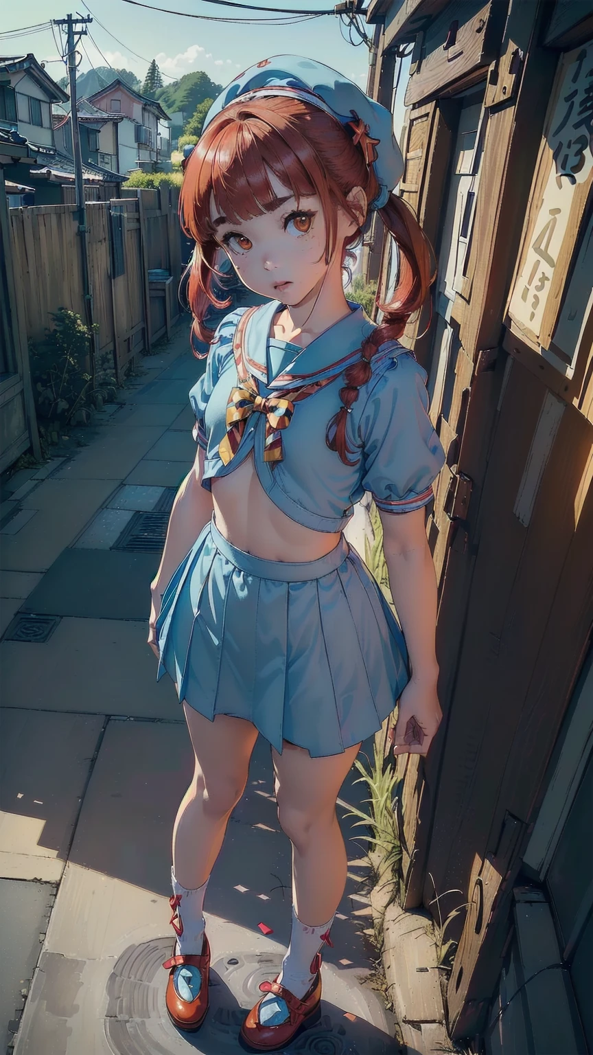 ((top quality, ultra-detailed, high resolution, extremely detailed CG, unity 8k wallpaper, by famous artist, perfect anatomy, super detailed skin, cinematic lighting, UHD, retina, anatomically correct, 1080P)), (Please draw a single one happy girl wakking in the japanese suburbs:1.3), ((1girl)), (Solo, face,13-year-old:2.0), a junior high school student, ((cute petit girl, chibi, babyface)) androgynous charm, (Medium hair, ((full red hair)) ((redhead)), pigtails, straight bangs, with a bow in her hair, ((very thin legs)), ((skinny legs, thin body, small build)), Full limbs, complete fingers, ((perfect fingers and hands)), flat chest, small breasts, childish body, small butt, groin, Beautiful detailed full yellow gold eyes, perfect eyes, (Detailed Lighting), ((japanese suburbs background)), (Detailed scenary background), full body view, ((standing)), legs. Cute, kawaii single girl (one girl), full body shot, front body, ((left hand up, right hand down)), ((little young 13 years old body:1.3)), ((A baby blue ulzzang dress with a sailor collar, ribbon details, and a pleated skirt, styled with knee-high socks and a beret)), ((A natural, correctly proportioned hands)), ((Straight bangs cut just to the eyebrows, perfectly aligned and not moving to the side:1.3)), ((bare vagina:1.3))