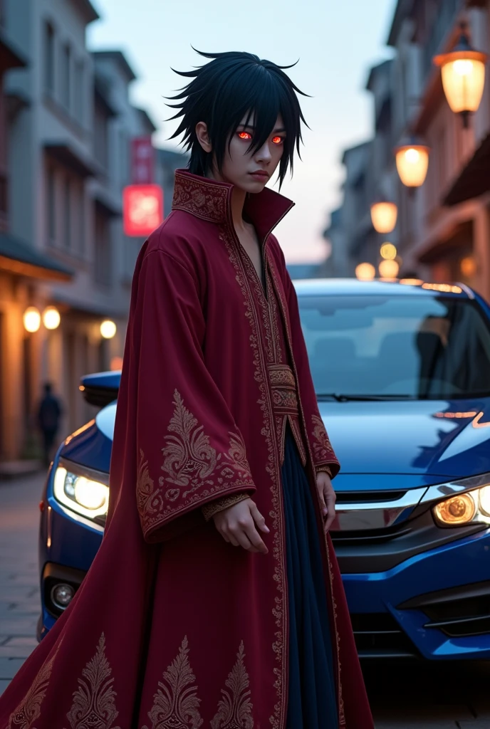 Itachi Uchiha wearing Shalwar kameez and using Sharingan standing in front of Honda Civic