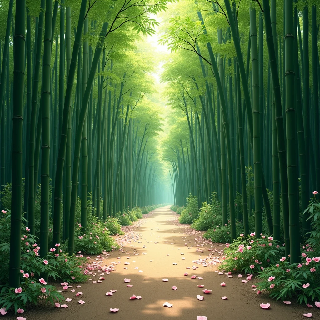 Bamboo forest, Japanese apricot blossoms and trees, pine needles and trees,