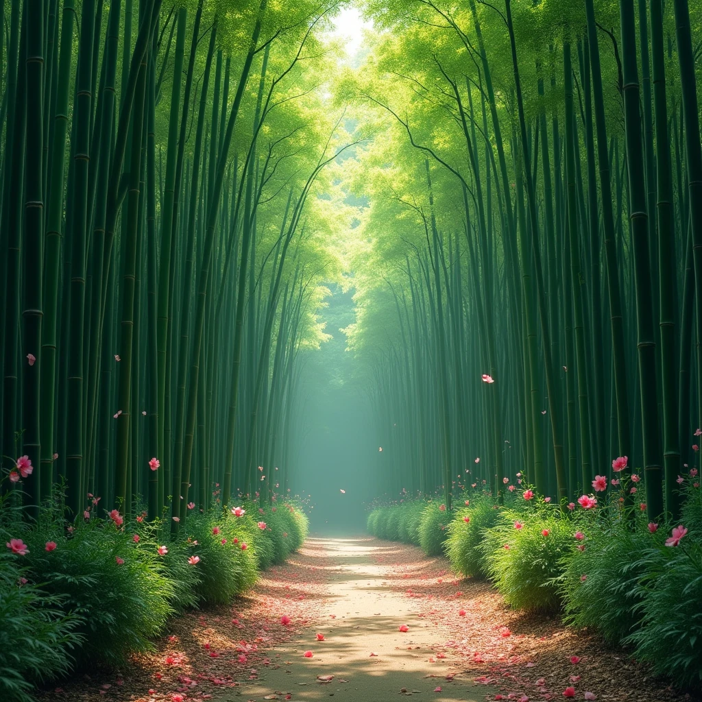 Bamboo forest, Japanese apricot blossoms and trees, pine needles and trees,