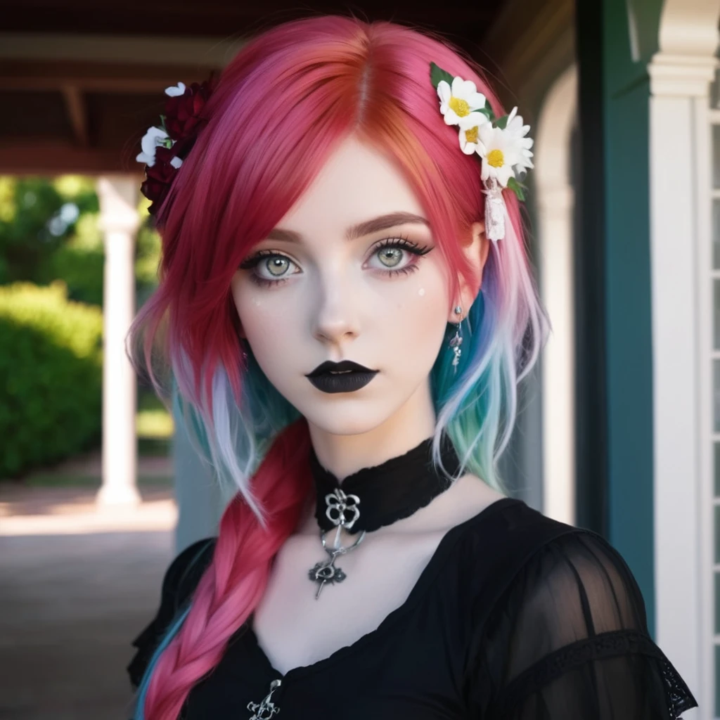 Renaissance style Dark shot, front porch of suburban house, pastel goth, y goth girl, photo of cute 20 year old Italian redhead women, cinematic shot, hard shadows, photorealistic, cute face, looking at the viewer, photography, raw photo, white rainbow hair, detailed skin, natural flower background, sexoth girl, face blush, Dark shot, front porch of suburban house, Dark shot, front porch of suburban house, pastel goth, sexy g girl, photo of cute 20 year old Italian redhead women, cinematic shot, hard shadows, photorealistic, cute face, looking at the viewer, photography, raw photo, white rainbow hair, detailed skin, natural flower background, sexy gothrl, face blush. Realistic, perspective, light and shadow, religious or mythological themes, highly detailed, full body shot, bare feet, no lipstick.