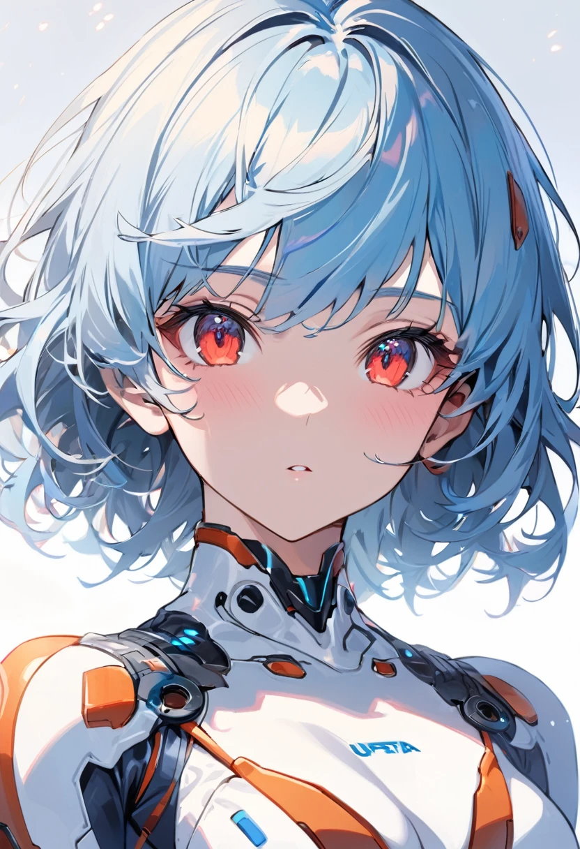 solo, neon genesis evangelion Rei ayanami in her white plugsuit standing up in a white background straight, blue hair, red eyes, short hair, looking at you, evangelion artstyle, 15 year old, perfect composition, intricate details, upperbody, portrait, best quality, ultra detailed