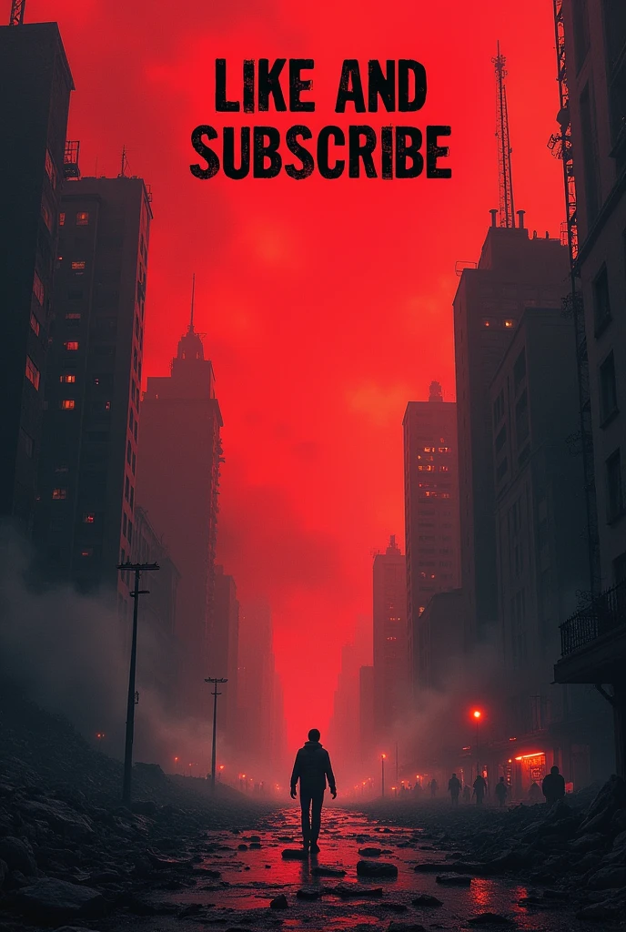 Horizontal image of a city in chaos apocalypse all in a mix of red and black and on top in red letters with a black outline give it a like and subscribe crack don't be an asshole pdt:I am Bolivian
