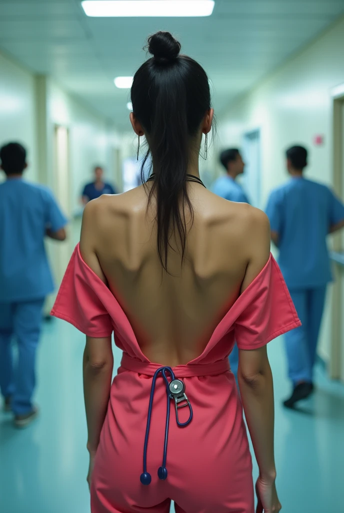 Nurse, naked from the waist down, dressed as a nurse, accidentally showing her buttocks, 30 years old, Mexican, with Asian features, from behind