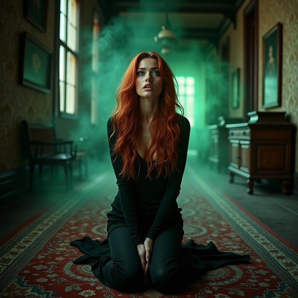 A gorgeous woman with vibrant auburn hair kneels on a richly patterned rug in a grand, dark and dimly lit hallway of an old mansion. Her wide, green eyes reflect the shock of seeing ghostly, green apparitions floating around her. The hallway is lined with tall, narrow windows and ancient, wooden furniture, casting long shadows. Her tight, dark outfit accentuates her form, with realistic fabric textures. The soft, diffused light from the windows adds a photorealistic touch, enhancing the scene's depth and atmosphere.

