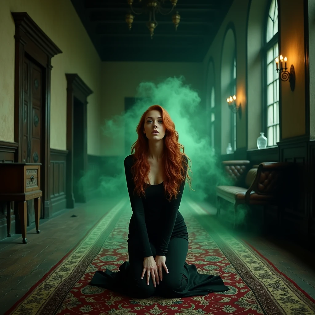 A gorgeous woman with vibrant auburn hair kneels on a richly patterned rug in a grand, dark and dimly lit hallway of an old mansion. Her wide, green eyes reflect the shock of seeing ghostly, green apparitions floating around her. The hallway is lined with tall, narrow windows and ancient, wooden furniture, casting long shadows. Her tight, dark outfit accentuates her form, with realistic fabric textures. The soft, diffused light from the windows adds a photorealistic touch, enhancing the scene's depth and atmosphere.