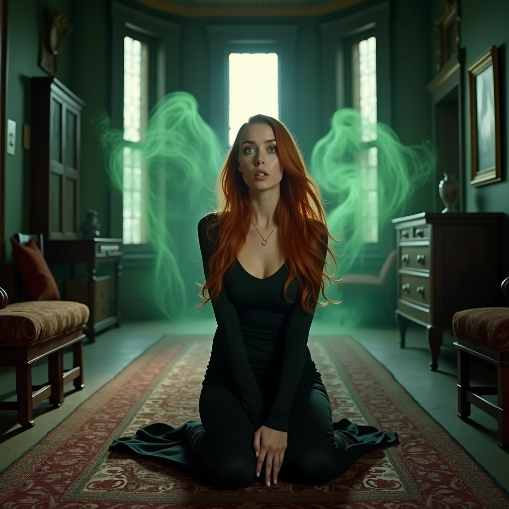 A gorgeous woman with vibrant auburn hair kneels on a richly patterned rug in a grand, dark and dimly lit hallway of an old mansion. Her wide, green eyes reflect the shock of seeing ghostly, green apparitions floating around her. The hallway is lined with tall, narrow windows and ancient, wooden furniture, casting long shadows. Her tight, dark outfit accentuates her form, with realistic fabric textures. The soft, diffused light from the windows adds a photorealistic touch, enhancing the scene's depth and atmosphere.

