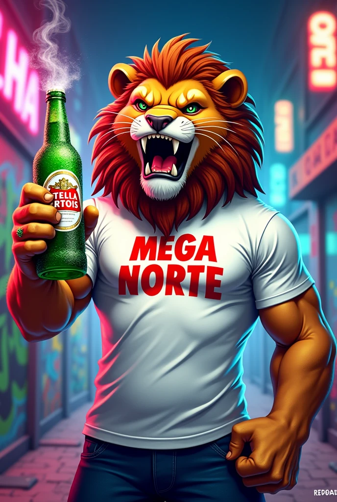 Create mascot of a strong lion with an evil face, white t-shirt with the words MEGA NORTE written on it and holding a green STELLA ARTOIS beer