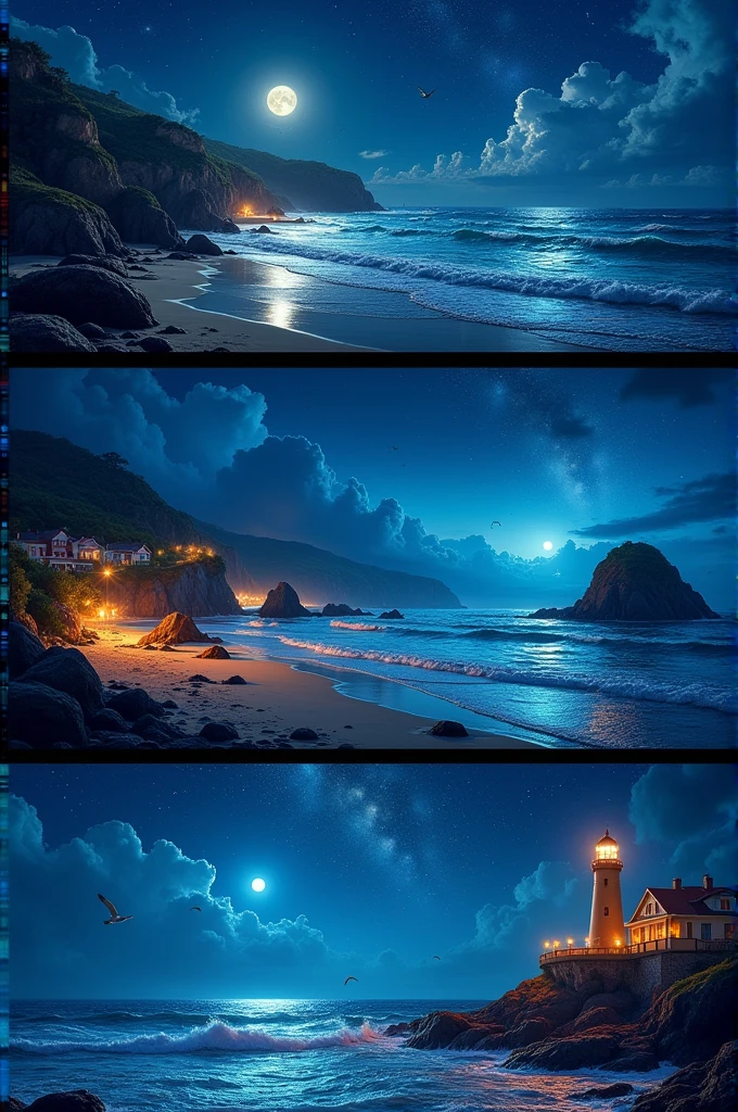 Please create 4 beautiful night seascapes.