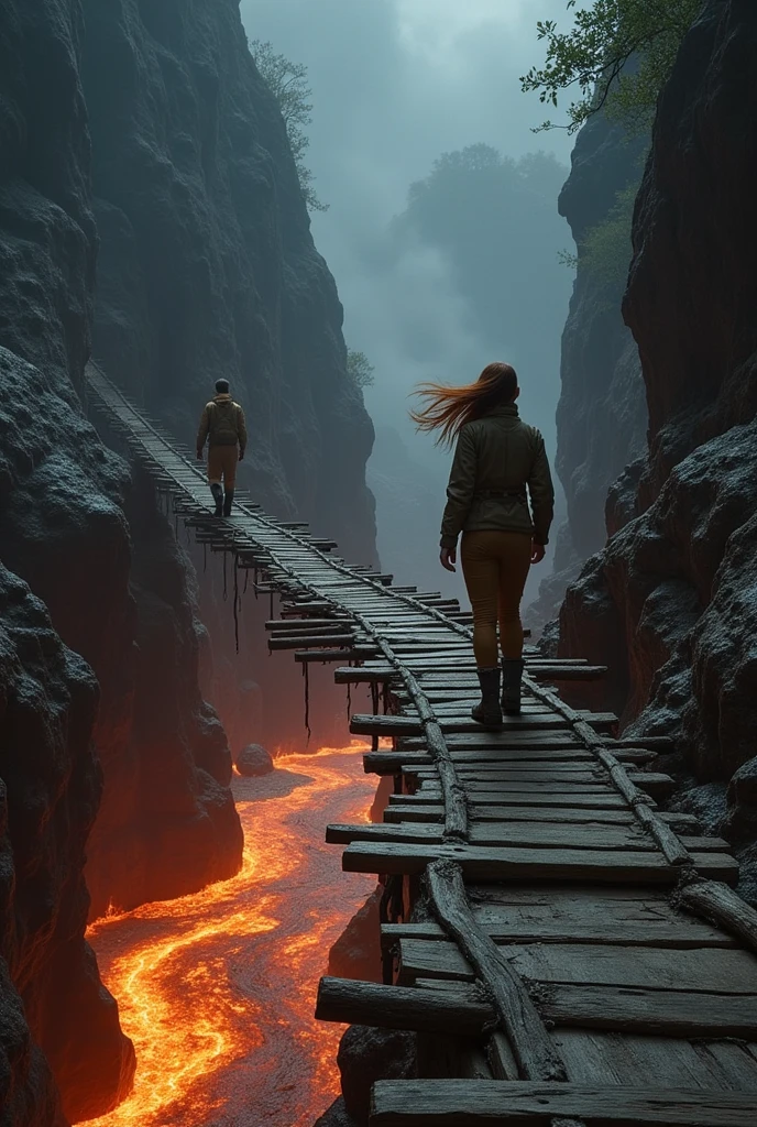 A long, dilapidated wooden bridge stretched into the air connecting to a cave and a mountain. And below the bridge a river of lava. And two scientists from behind crossing the bridge, a woman with loose, straight hair and a man. All in exploration and scientific suits. That the man is almost reaching the other side of the bridge and the woman is halfway across the bridge