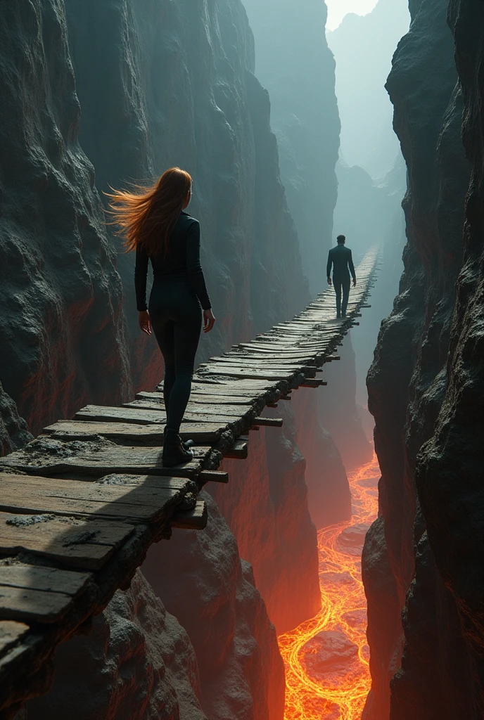 A long, dilapidated wooden bridge stretched into the air connecting to a cave and a mountain. And below the bridge a river of lava. And two scientists from behind crossing the bridge, a woman with loose, straight hair and a man. All in exploration and scientific suits. That the man is almost reaching the other side of the bridge and the woman is halfway across the bridge