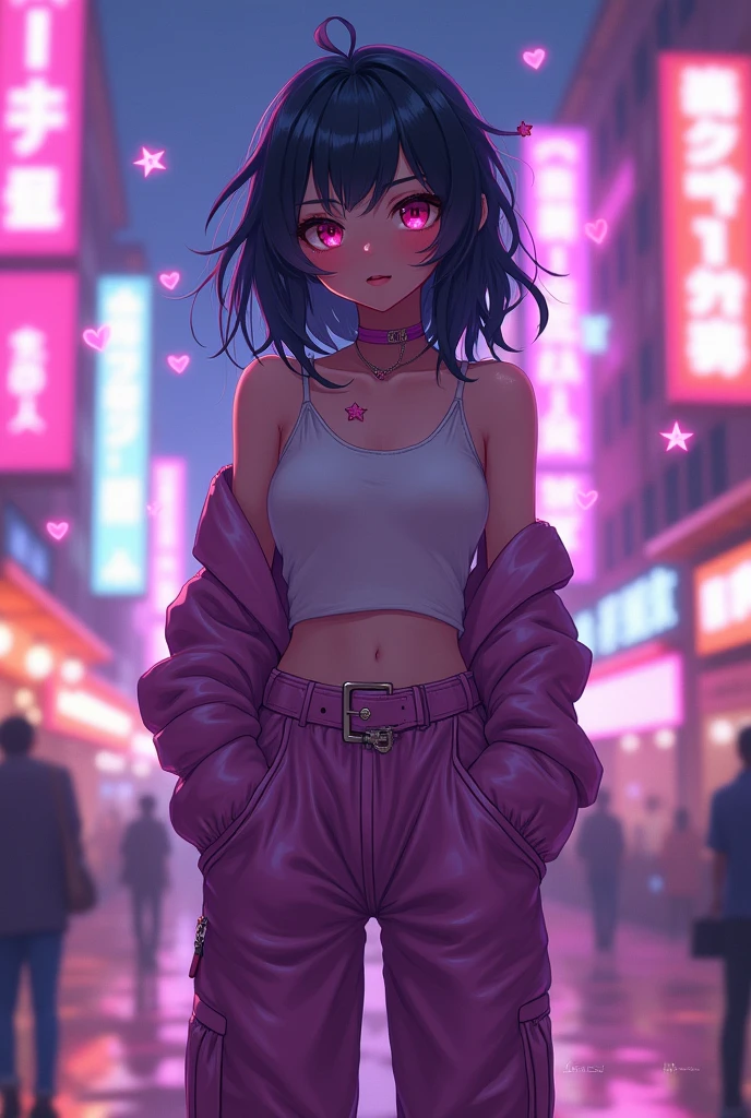 Anime girl tight polo shirt in vibrant pink with bat and rose details, bright blue shorts, boots, red heels with a metallic shine and her eyes are one purple and the other bright green beautiful.