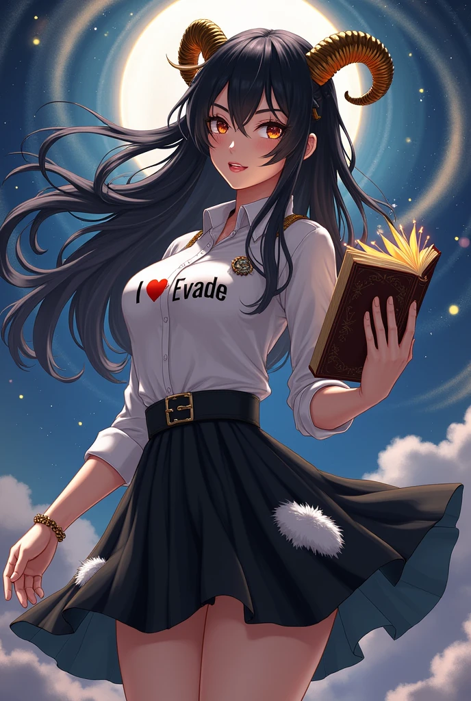 Female character has dark black hair, a book in the head, golden horns, una camisa de i❤evade, a black short and white fur