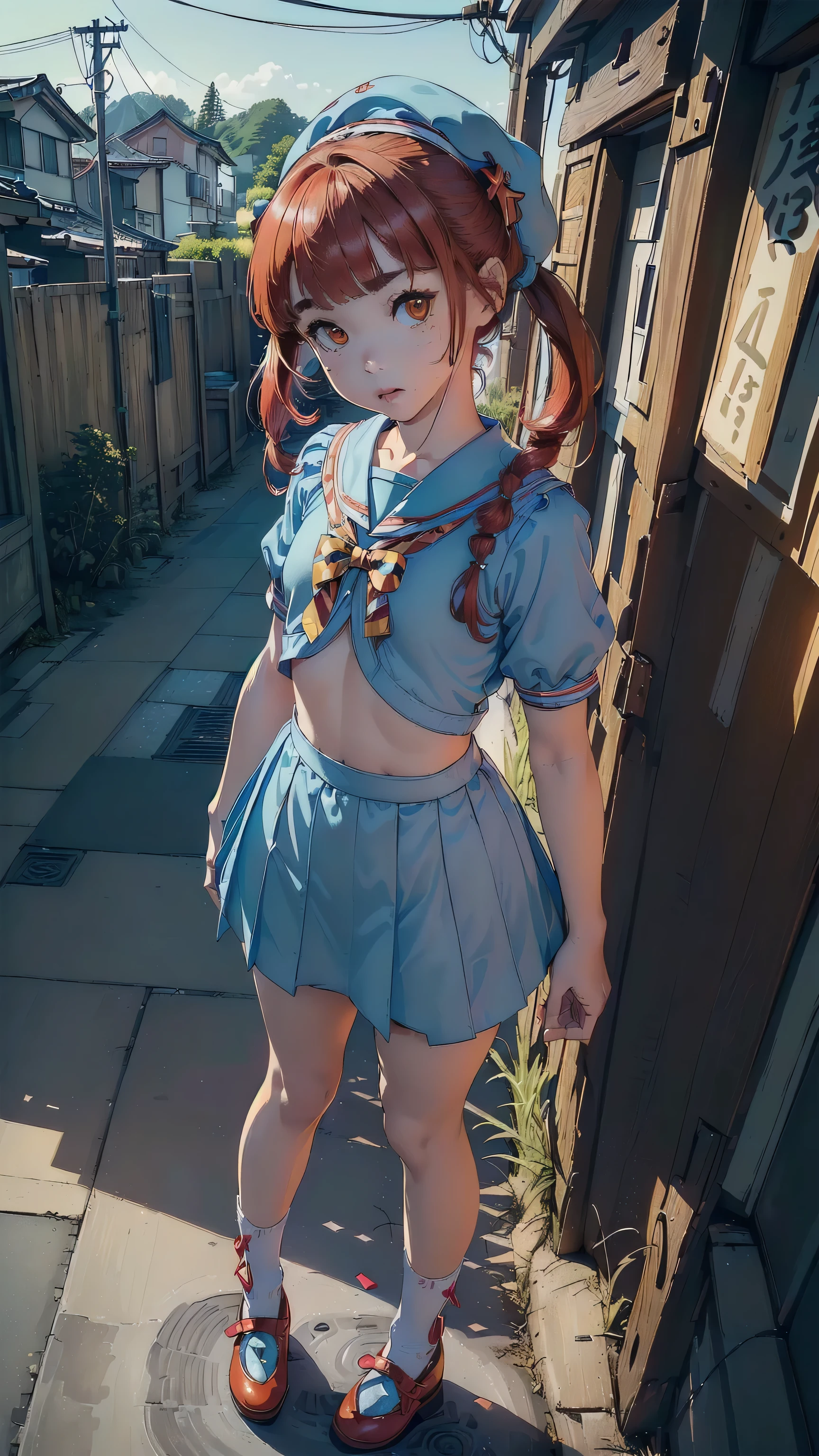 ((top quality, ultra-detailed, high resolution, extremely detailed CG, unity 8k wallpaper, by famous artist, perfect anatomy, super detailed skin, cinematic lighting, UHD, retina, anatomically correct, 1080P)), (Please draw a single one happy girl wakking in the japanese suburbs:1.3), ((1girl)), (Solo, face,-yeld:2. a junior hipetit girl, chibi, babyface)) androgynous charm, (Medium hair, ((full red hair)) ((redhead)), pigtails, straight bangs, with a bow in her hair, ((very thin legs)), ((skinny legs, thin body, small build)), Full limbs, complete fingers, ((perfect fingers and hands)), flat chest, small breasts, childish body, small butt, groin, Beautiful detailed full yellow gold eyes, perfect eyes, (Detailed Lighting), ((japanese suburbs background)), (Detailed scenary background), full body view, ((standing)), legs. Cute, kawaii single girl (one girl), full body shot, front body, ((left hand up, right hand down)), ((little young 13 years old body:1.3)dress with a sailor collar, ribbon details, and a pleated skirt, styled with knee-high socks and a beret)), ((A natural, correctly proportioned hands)), ((Straight bangs cut just to the eyebrows, perfectly aligned and not moving to the side:1.3)), ((bare vagina:1.3))