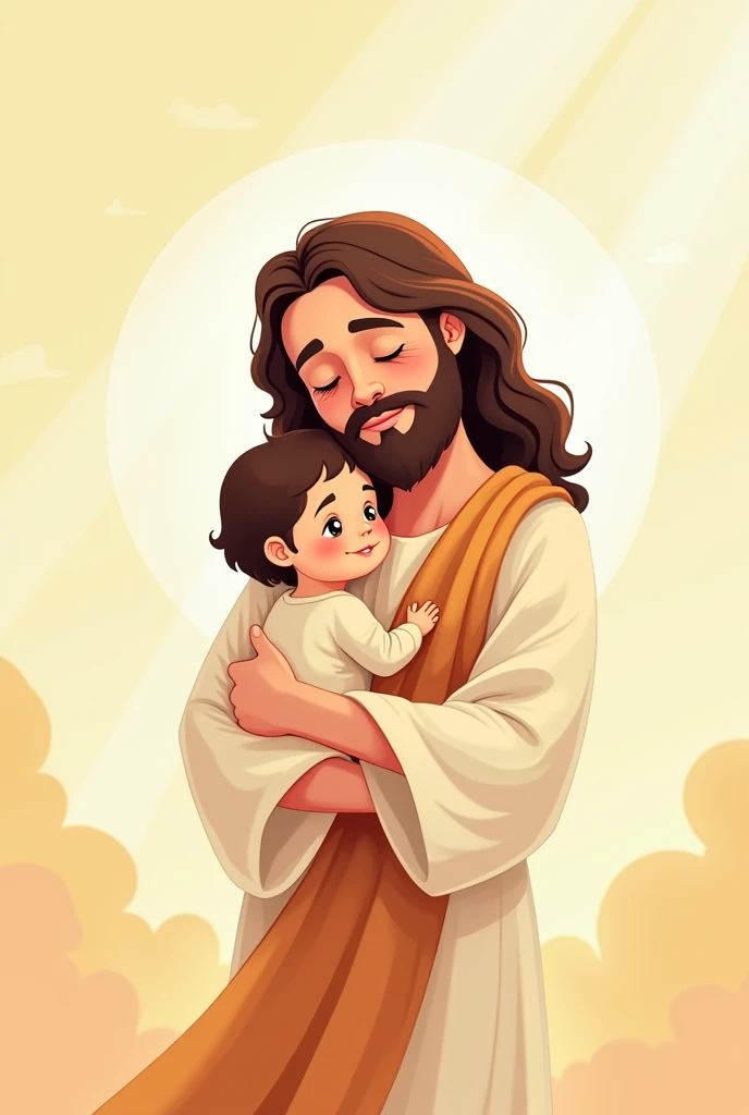 Graphic drawing with almost no details of Jesus holding a child in his arms for children