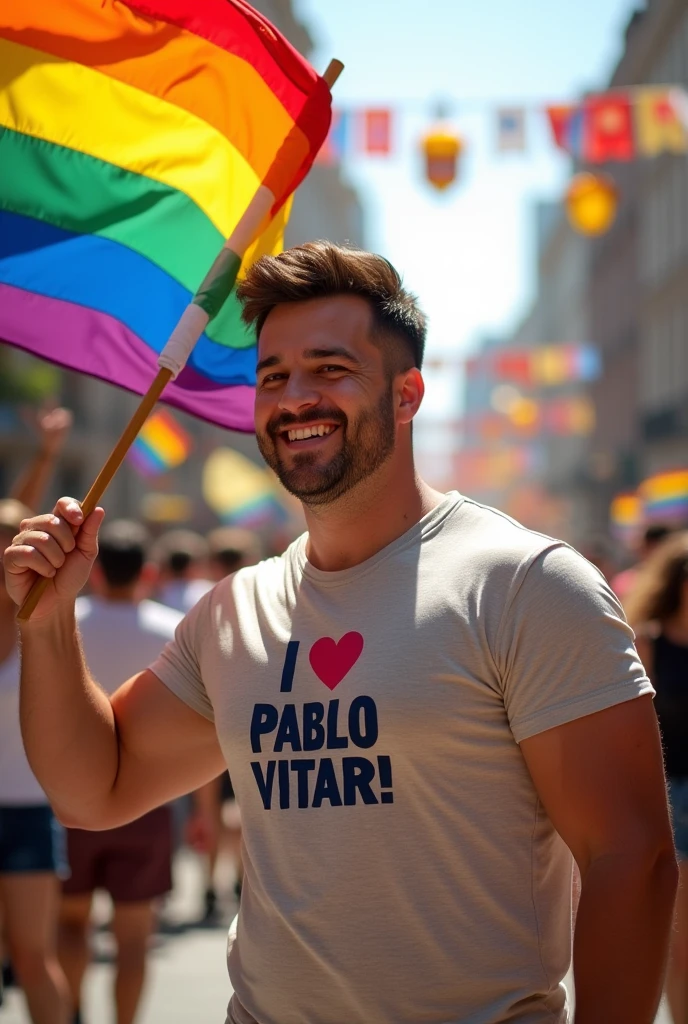 Make a man weighing 100kg and 187cm tall, The man has brown hair, He doesn't have a beard,Brown eyes, he is wearing a shirt that says I LOVE PABLO VITAR! I am Pedro Eduardo,he will be holding an LGBT flag.