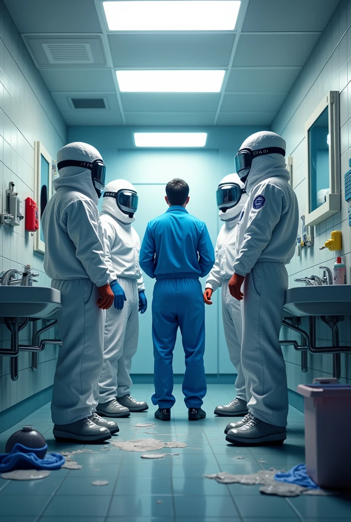 I want an animated image of several laboratory characters in their aerospace biosecurity uniform isolating a cleaning staff man in a blue uniform in an emergency bathroom 