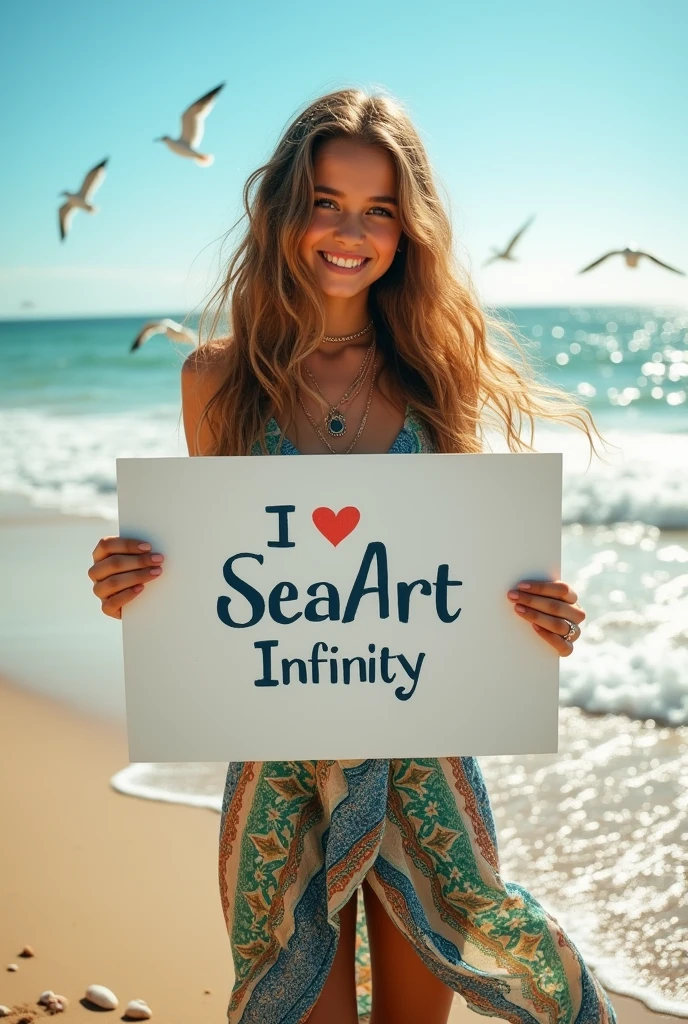 Beautiful girl with wavy long hair, bohemian dress, holding a white board with text "I Love Seaart Infinity" and showing it to the viewer