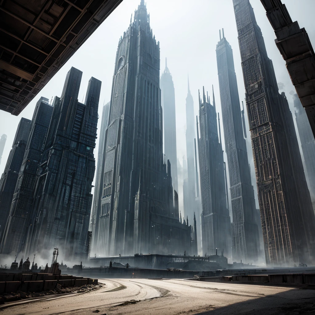 Landscape view Giant metropolis city in dieselpunk style made of black metal in black dieselpunk style with buildings of different shapes and sizes