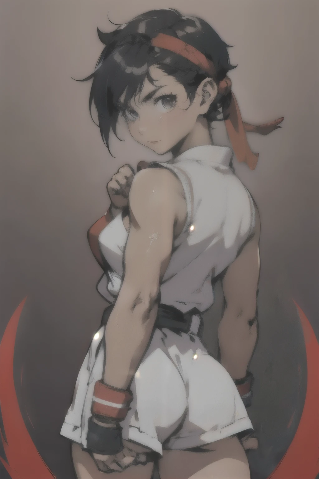 (masterpiece, best quality:1.2), cute eyes, perfect face, highres, 1girl, solo, ryu \(sf\), (female:1.5), black hair, short hair, white dougi, karate uniform, fingerless gloves, red headband, back pose, portrait, back at the viewer, cowboy shot