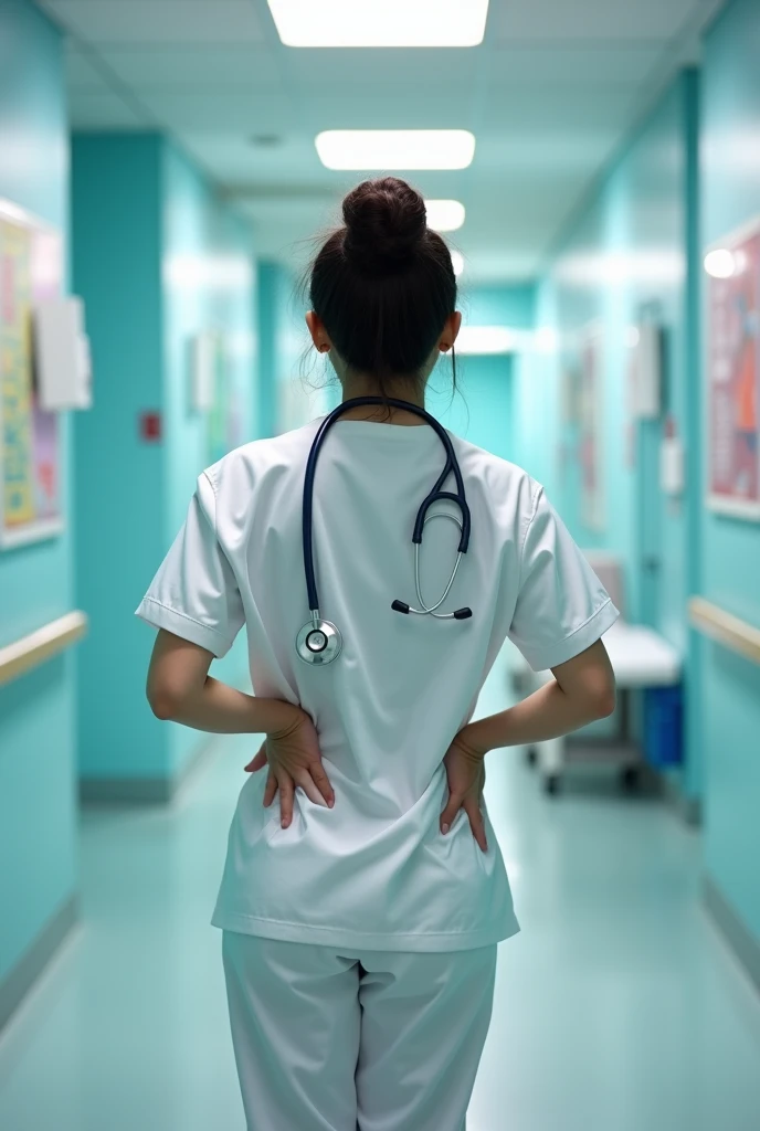 Nurse, naked from the waist down, dressed as a nurse, accidentally showing her buttocks, 30 years old, Mexican, with Asian features, from behind
showing the buttocks