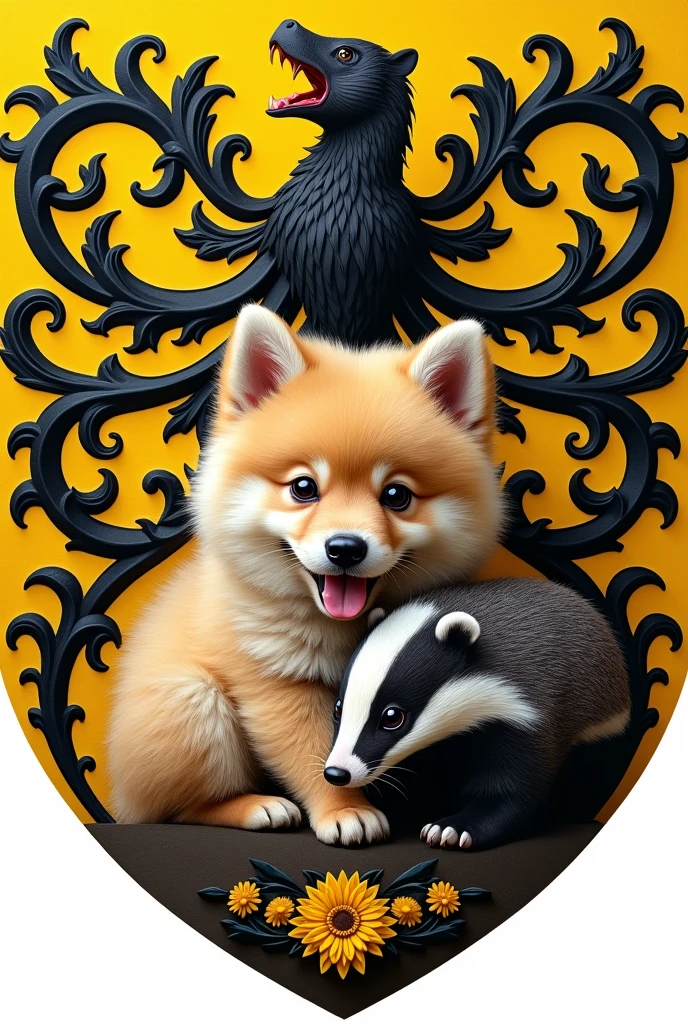 Yellow and black coat of arms with beige German Spitz puppy in the middle and small badger in detail