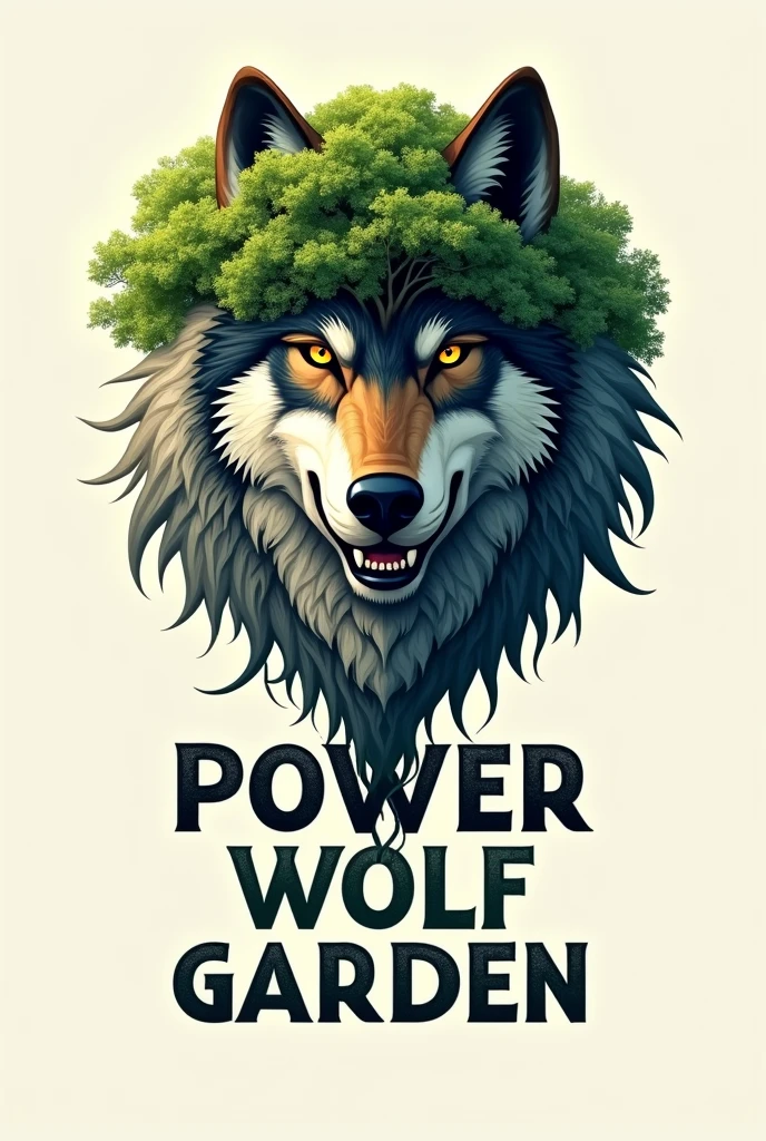 for creating it in the form of a logo:
"A logo featuring a giant wolf's head with a tree growing out of the top of the wolf's head. At the bottom, the text 'Power Wolf Garden' is written."