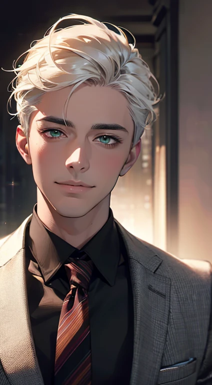 (Highest quality,4K,8K,High resolution,masterpiece:1.2),Super detailed,(Realistic,photoRealistic,photo-Realistic:1.37),1 person,34 years old, Men,Beautiful skin、very handsome,Expressionless smile in love,Short white hair,green eyes,Sharp Eyes,A perfect face without a doubt,Businessman, CEO, Office Background,Cinema Lighting,HDR image,tie、
