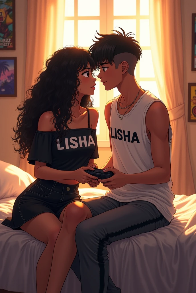 (photorealism:1.2), beautiful dark skin 16 year old girl and boy holding hands,the boy and girl have chocolate skin colour,sitting in bed hold a game controller , wearing black loose off-shoulder top written LISHA on it for the girl , black not so short skirt for the girl, long curly dark hair planted fir the girl, the boy in a white vest written LISHA on it, grey and black jean for the boy , with short hair for the boy and a table cut hair style,window with sunlight, relaxed pose, realistic, intricate details, warm colors, anime style