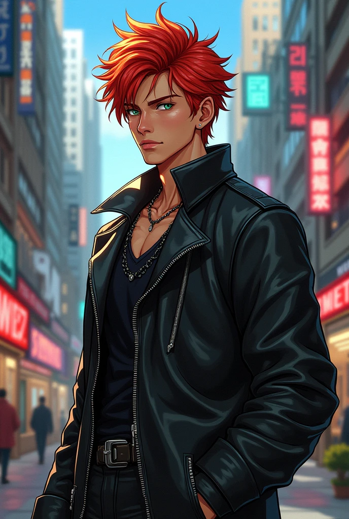 2d man, tan skin, red hair, green eyes, masculine, black leather oversized clothes, 21 years old. anime