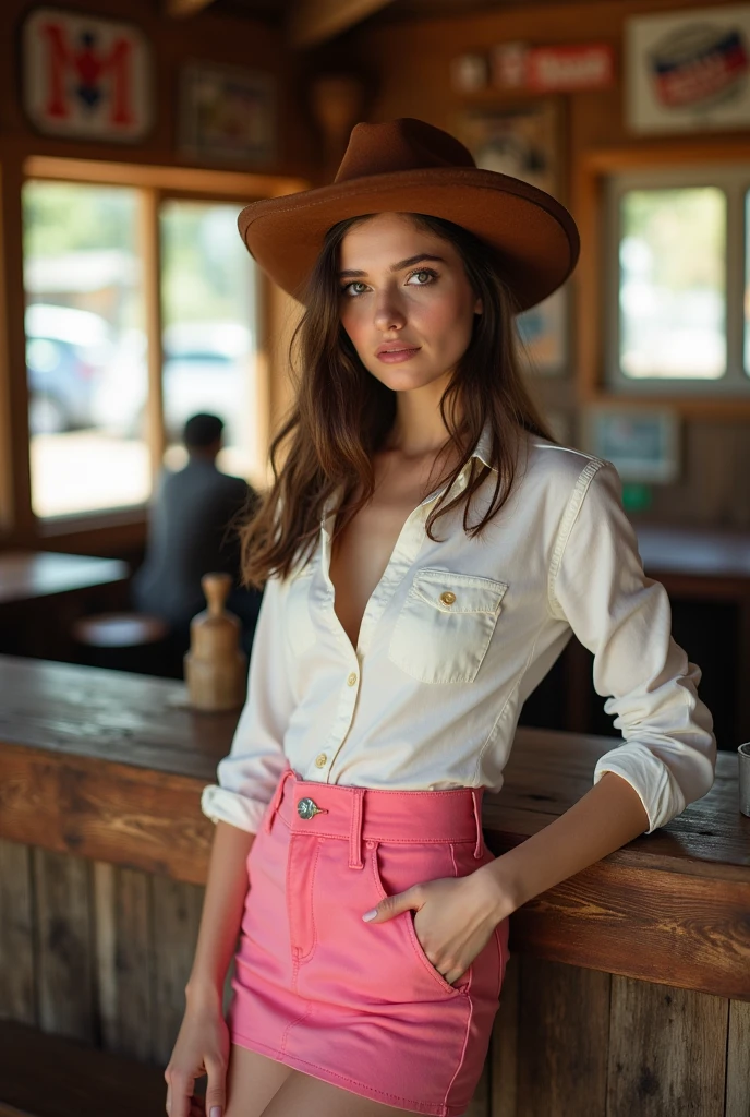 jeune fille sexy, cheveux brun, yeux brun, jupe courte rose, chemise blanche, Gros cul, se pencher , baissant, en arrière, montrer le cul, appuyé sur une table, accroupi, chapeau de cowgirl en cuir
