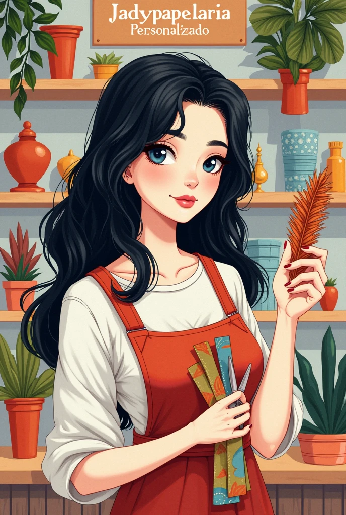 black haired woman with white skin color holding scissors and paper with name in the background jadypapelaria personalizado In Drawing