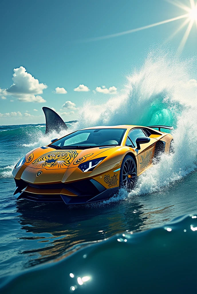  Lamborghini with tiger stickers In an ocean background with a shark