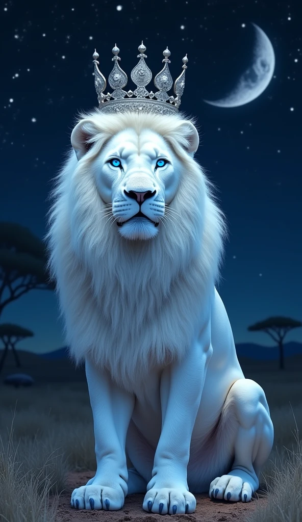 Generate a super mega hyper ultra realistic 8k image of a real Albino lion with a mean face and blue eyes , stark, bonitas, with a king's crown on his head looking at the night sky