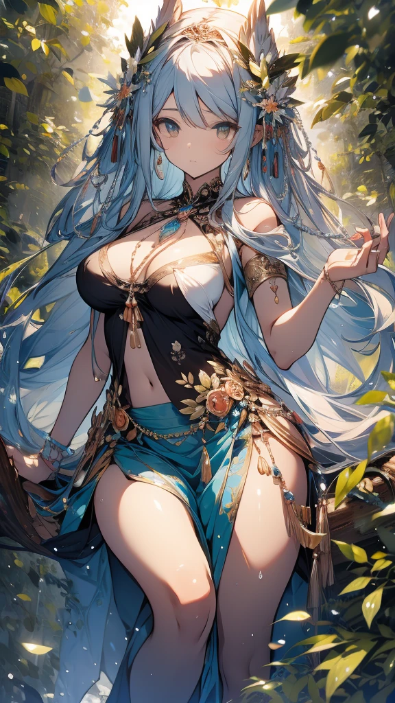 mala tree,beauty,gentle,Benevolent World Tree Goddess Gaia,Clearly defined,Fairy ears,Brown long flowing hair,Big breasts,thin waist,Wearing a leafy puffy skirt,leaning on a branch,