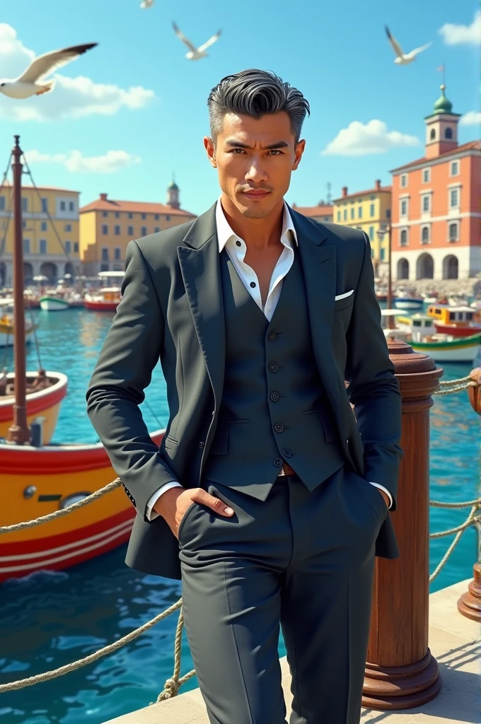 naughty man, 34 years, offwhite, olhos amendoados, slightly gray black hair, graphite suit, very muscular and tall, in the setting of a port