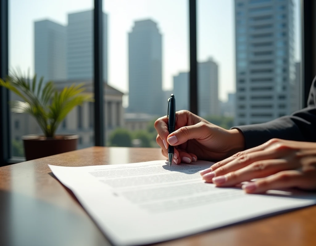 a female hand signing a contract, background window to buildings, realist, without background people, that a library can be seen in the background